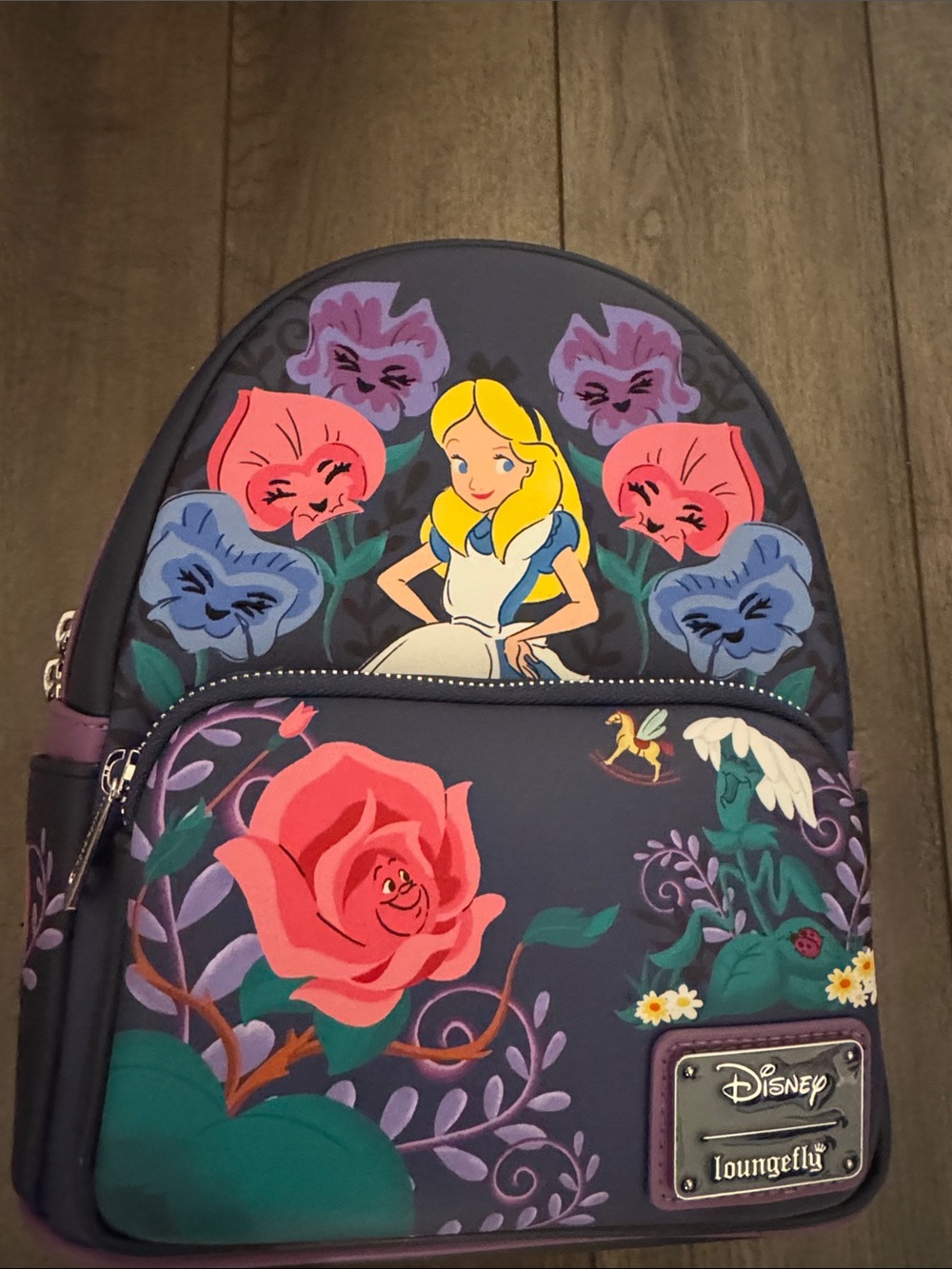 Loungefly Alice in Wonderland Floral Navy Purple Mini Backpack Rose